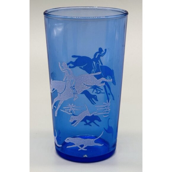 Hazel Atlas Tally Ho Cobalt Blue Juice Glass Fox Hunt 3.75 inch Lot of 3 - Picture 7 of 9